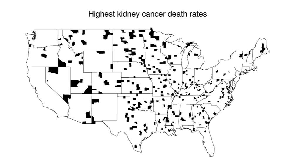 The counties of the United Sates with the highest 10% age-standardized death rates for cancer of kidney/ureter for U.S. white males, 1980–1989.
