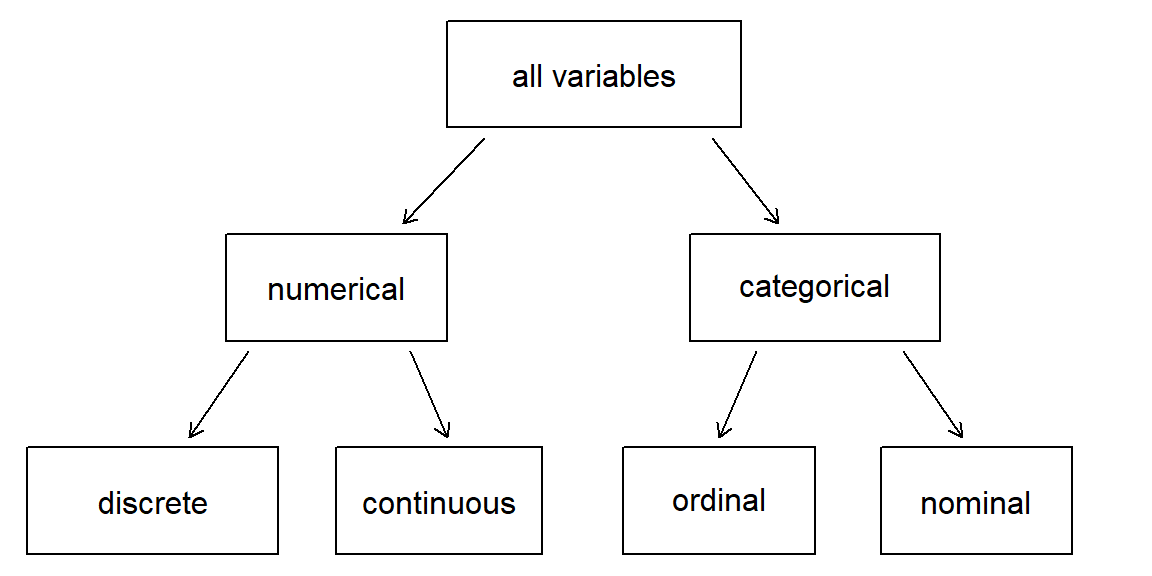 Types of variables are broken down into numerical (which can be discrete or continuous) and categorical (which can be ordinal or nominal).